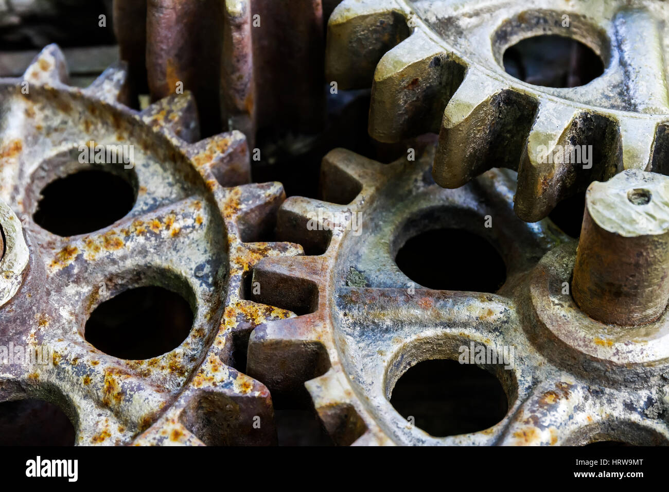 old rusty gears, machinery parts, closeup view Stock Photo