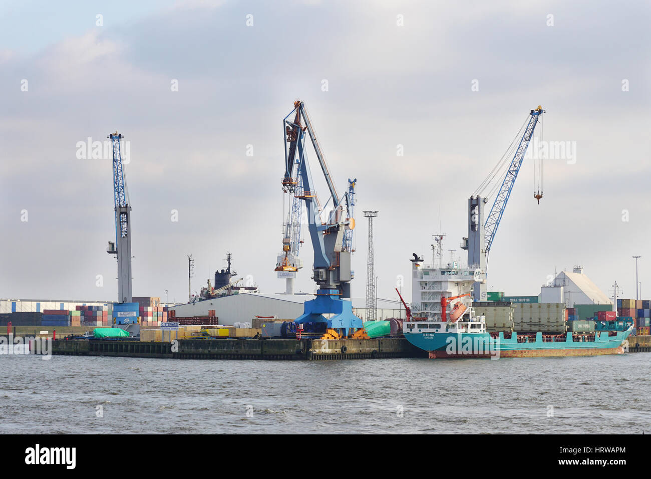 Hamburg, Germany - March 12, 2016: The Port of Hamburg (Hamburger Hafen) is Germany's largest and Europe's second busiest sea port after Rotterdam. Stock Photo
