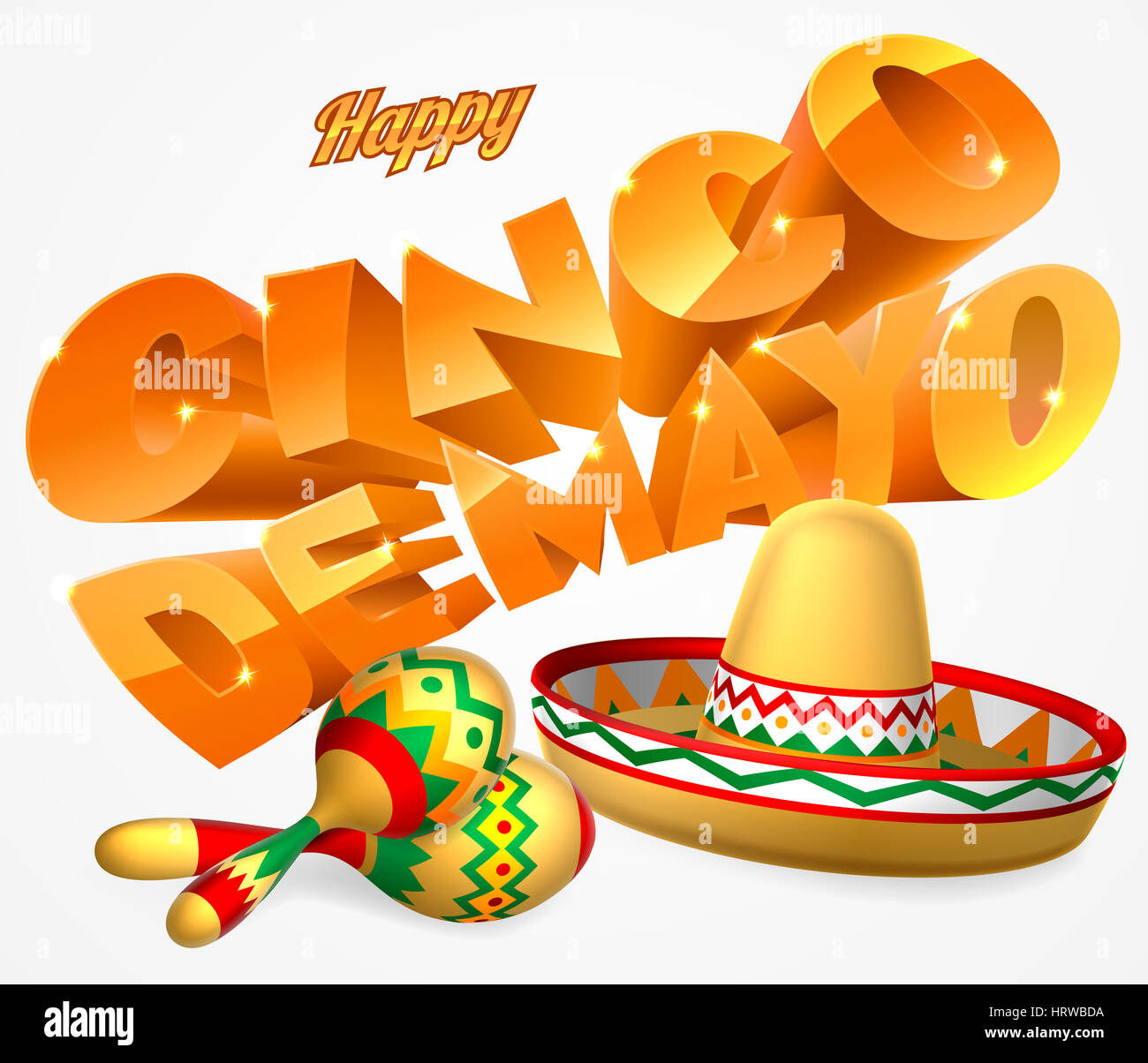 A happy Cinco De Mayo label sign decal design with Mexican sombrero straw sun hat and maracas shakers Stock Photo