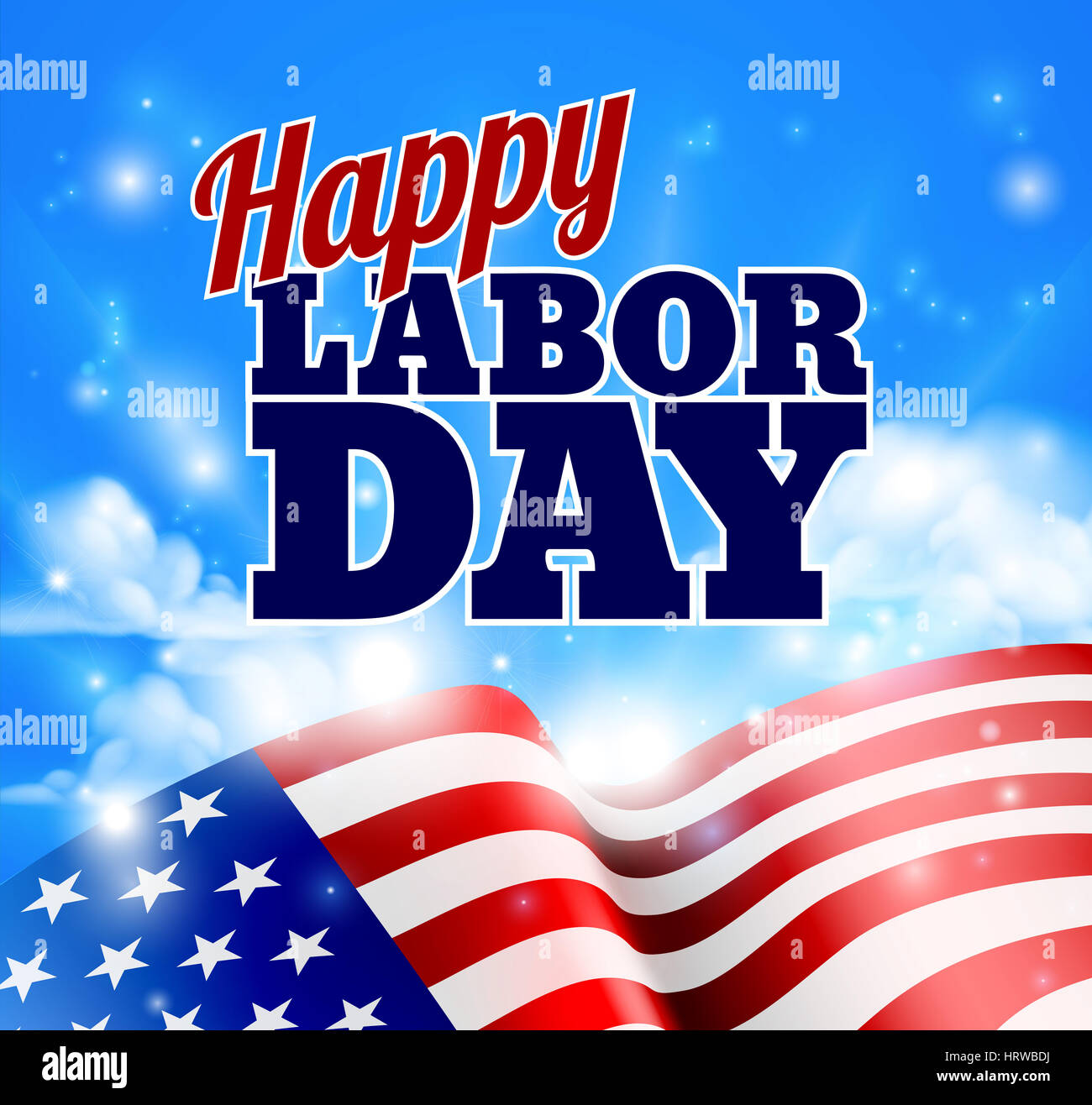 A Happy Labor Day design with an American flag and sky in the background Stock Photo
