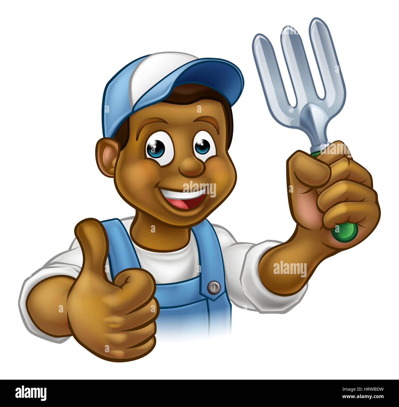 A cartoon black gardener holding a gardening tool and giving a thumbs up Stock Photo