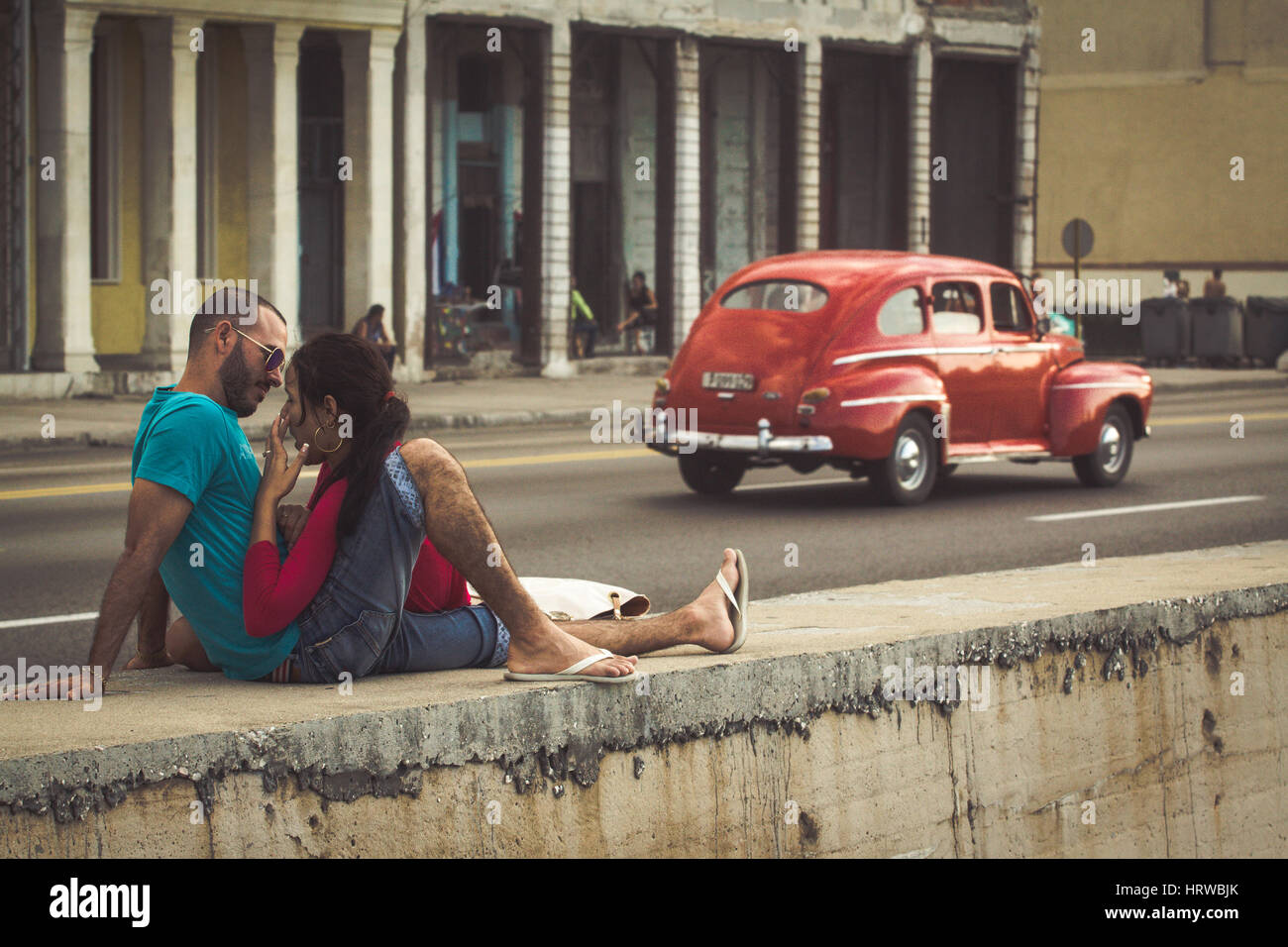 Vintage classic american car in a old street of old Avana, Cuba. Stock Photo