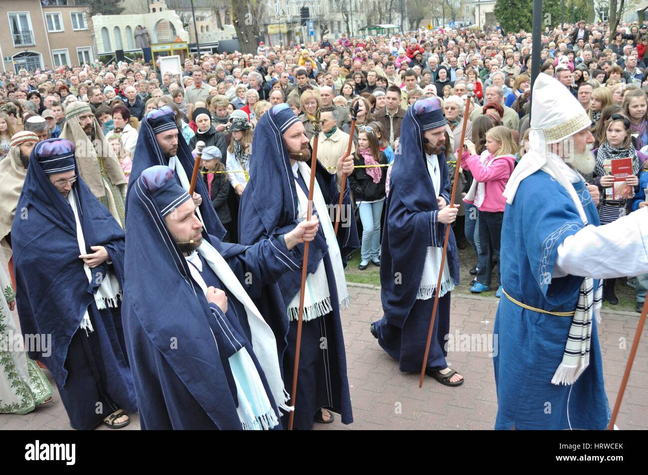 Actors reenact Sanhedrin members, going to Pilate, during the street performances Mystery of the Passion. Stock Photo
