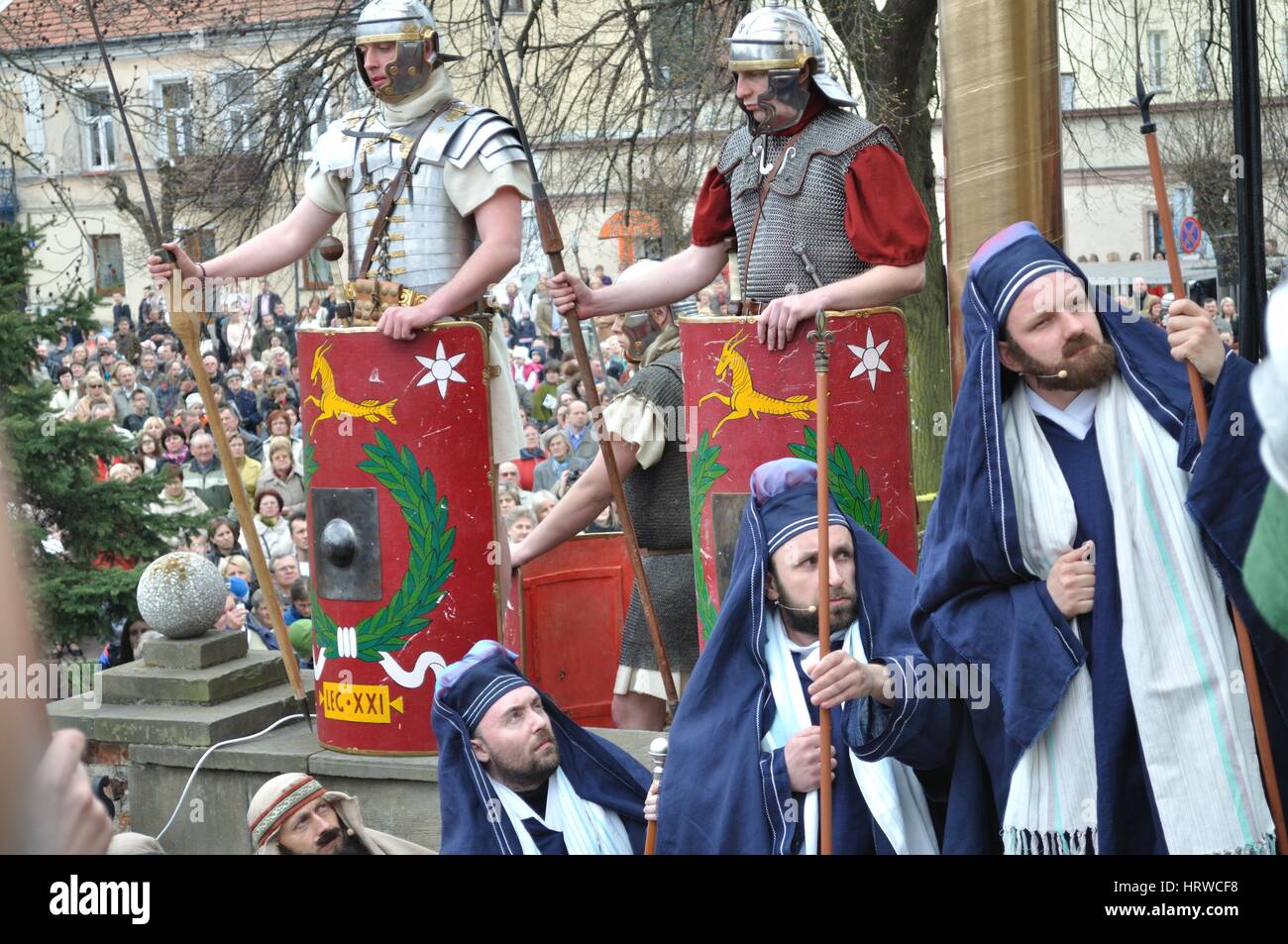 Reenactment of the Roman legionaries and Sanhedrin members, during the street performances Mystery of the Passion. Stock Photo