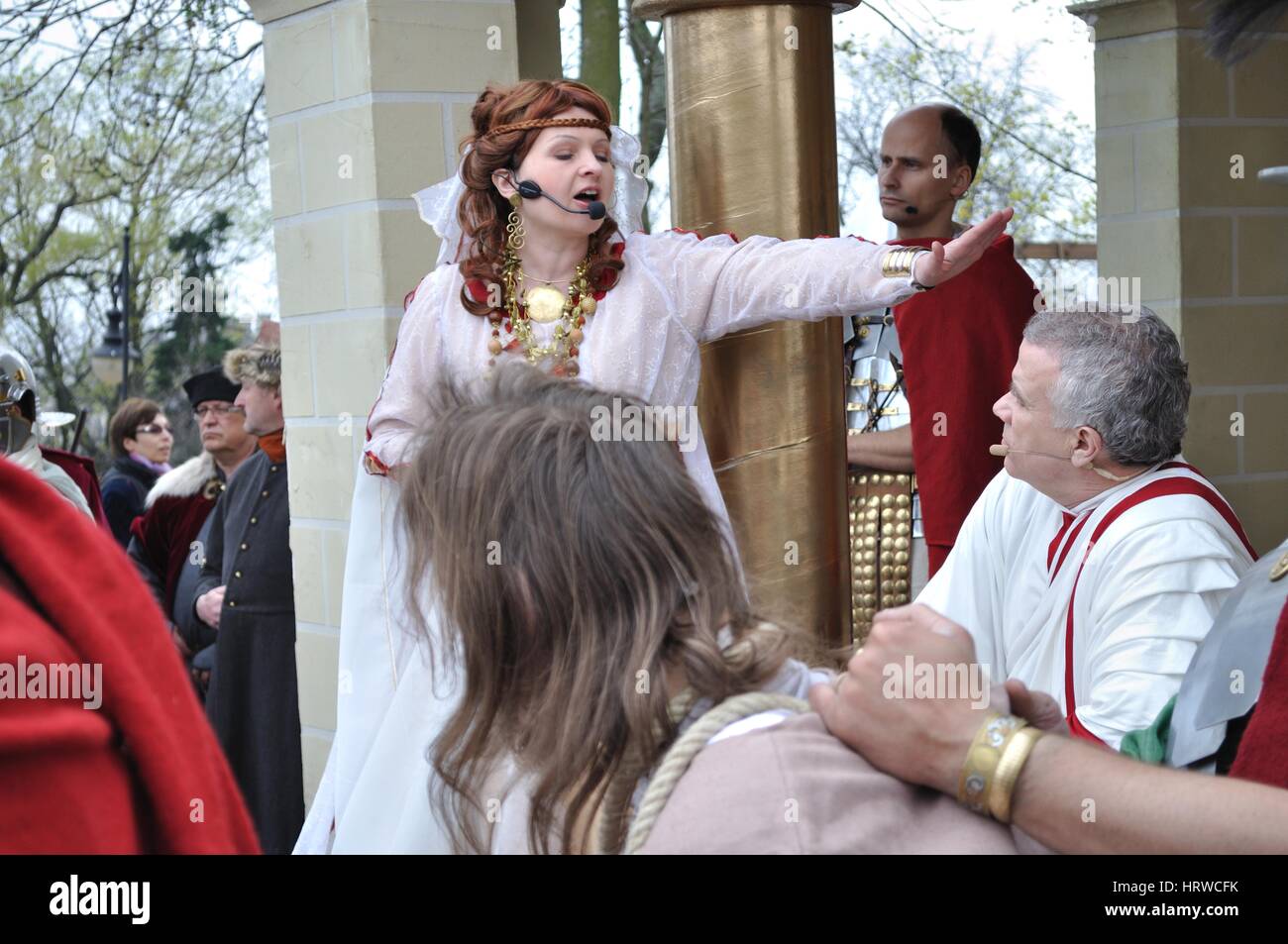 Pilate's wife urged to acquit of Jesus, during the street performances Mystery of the Passion Stock Photo