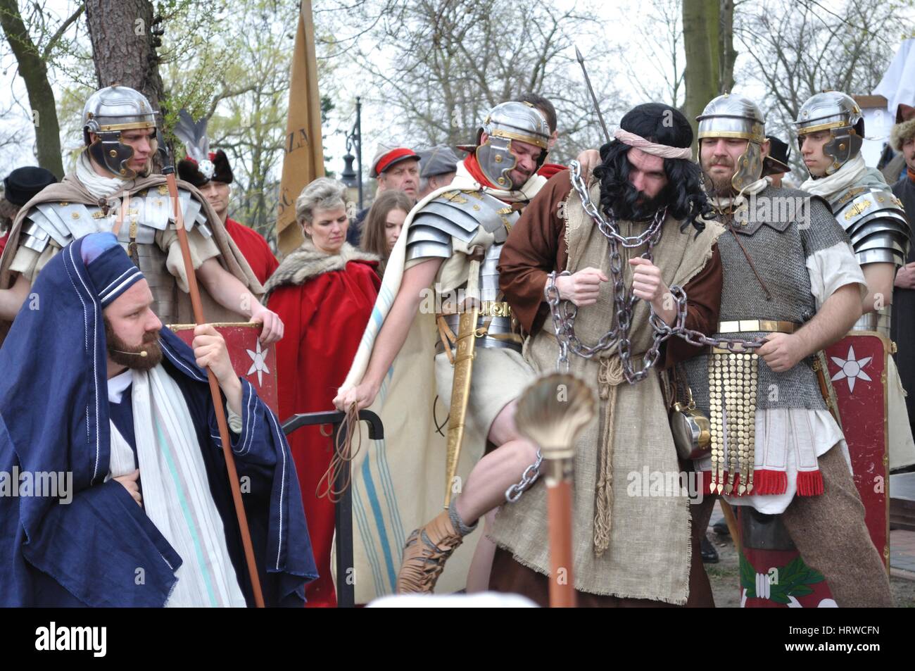 Actors reenact the trial of Barabbas in praetorium before Pontius Pilate, during the street performances Mystery of the Passion. Stock Photo