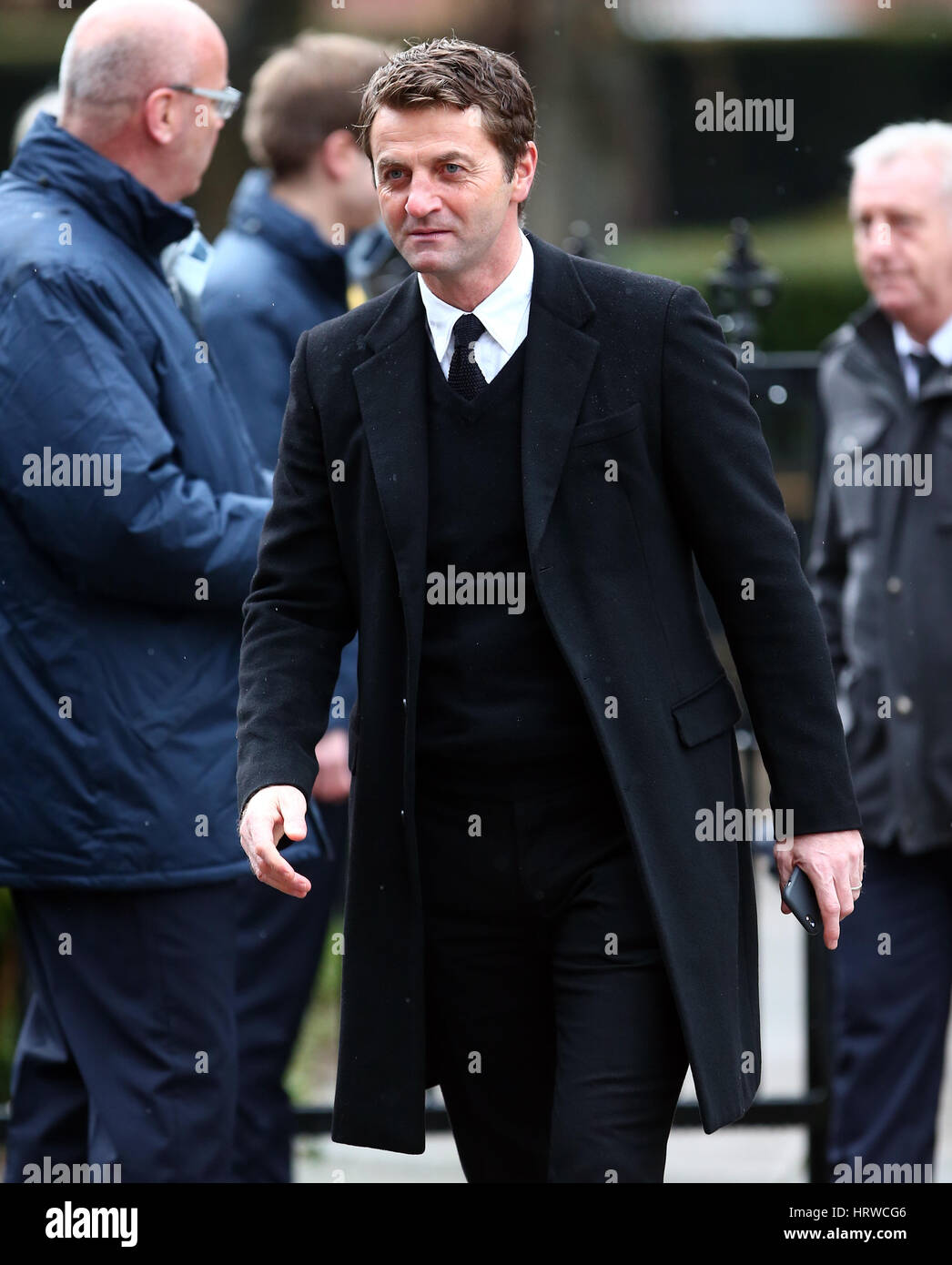 The funeral of ex-England manager Graham Taylor takes place at St. Mary's Church in Watford. Taylor managed Watford FC twice, famously during the time the club was owned by Elton John. He also managed Aston Villa and Wolves.  Featuring: Tim Sherwood Where Stock Photo