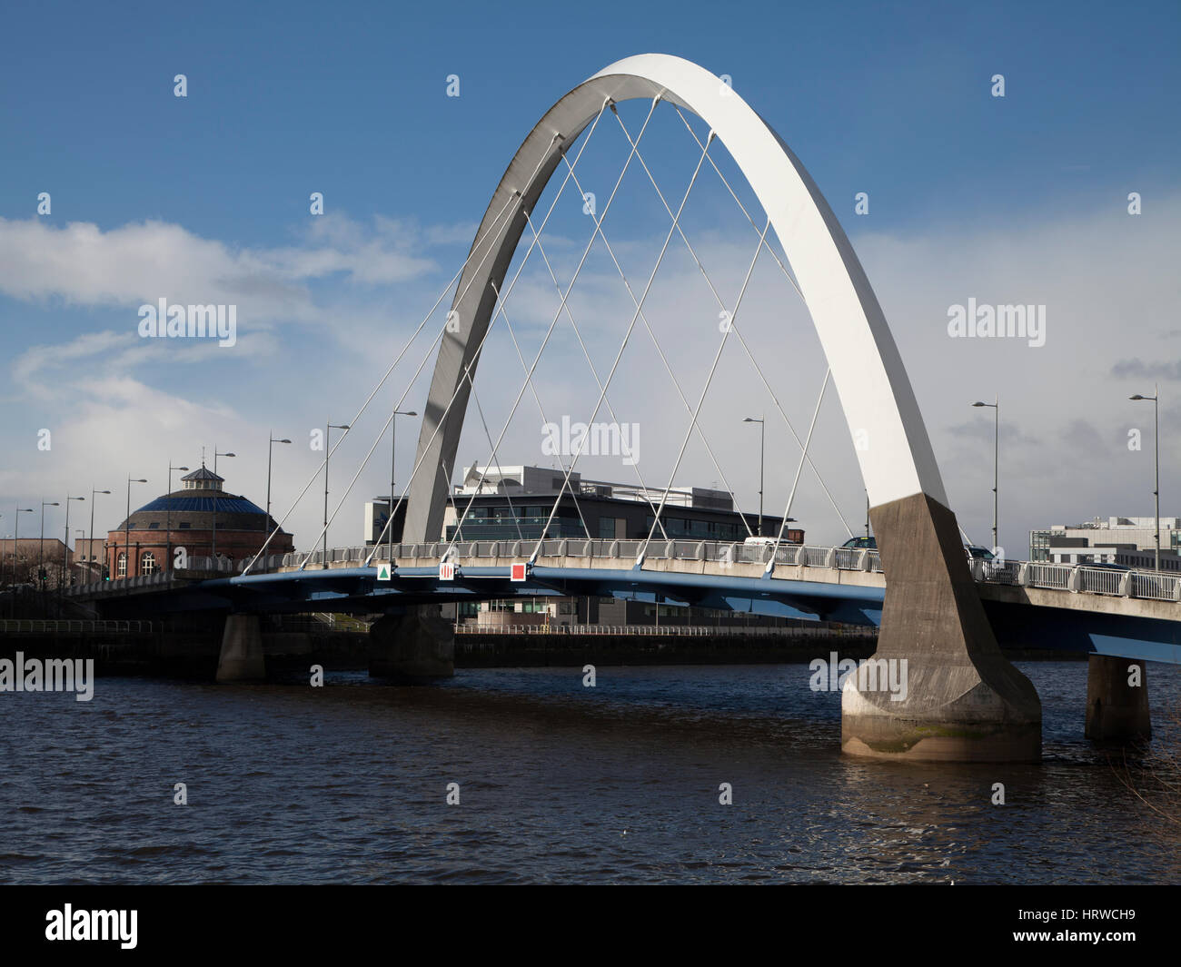 The Clyde Arc (known locally as the Squinty Bridge), is a road bridge spanning the River Clyde in Glasgow, Scotland Stock Photo