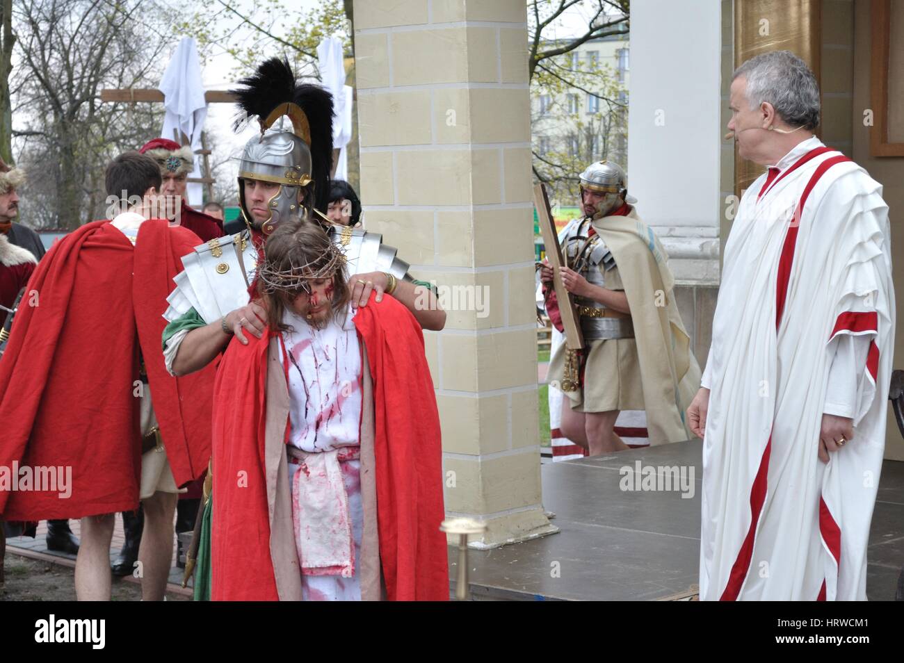 Actors reenact scene of condemning Jesus to death, during the street performances Mystery of the Passion. Stock Photo
