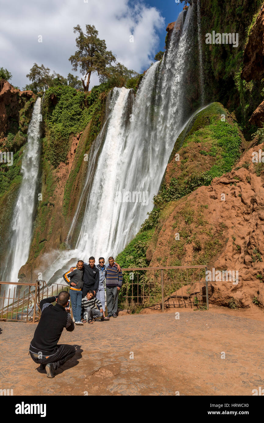Falls of Ouzoud, Cascades d'Ouzoud, Morocco.  Moroccan Tourists Taking Photos. Stock Photo