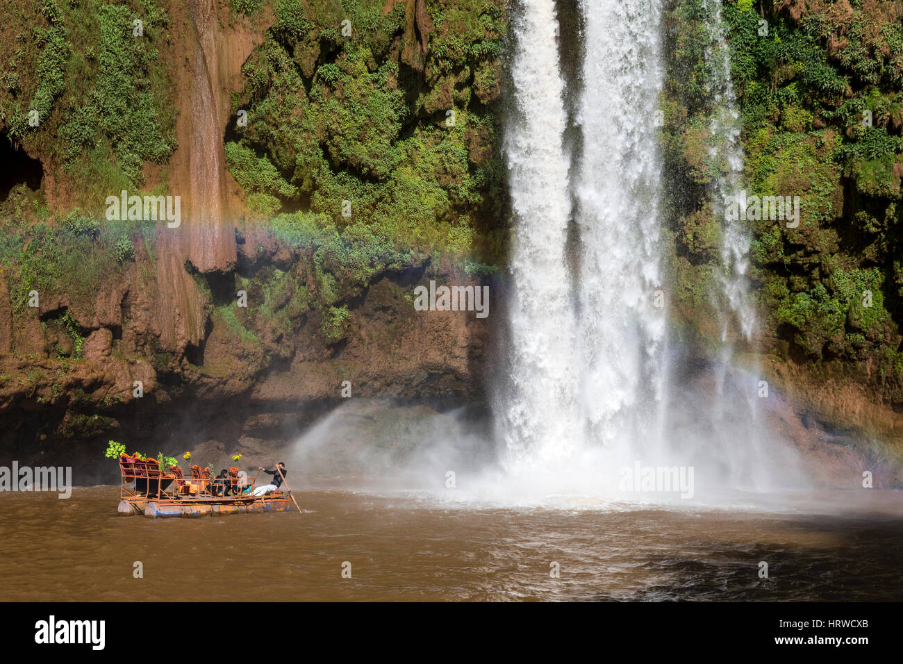 Falls of Ouzoud, Cascades d'Ouzoud, Morocco.  Raft for Tourists at the Bottom of the Falls. Stock Photo
