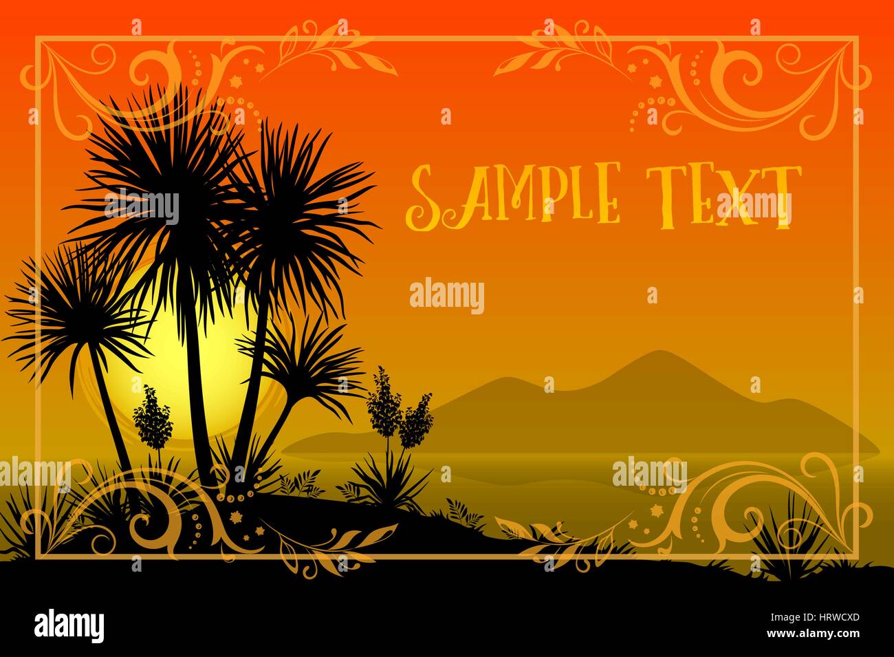Exotic Landscape, Tropical Palms Trees and Yucca Flowers Silhouettes, Sun and Gold Frame with Floral Pattern on a Background of the Morning Sea and Mo Stock Vector
