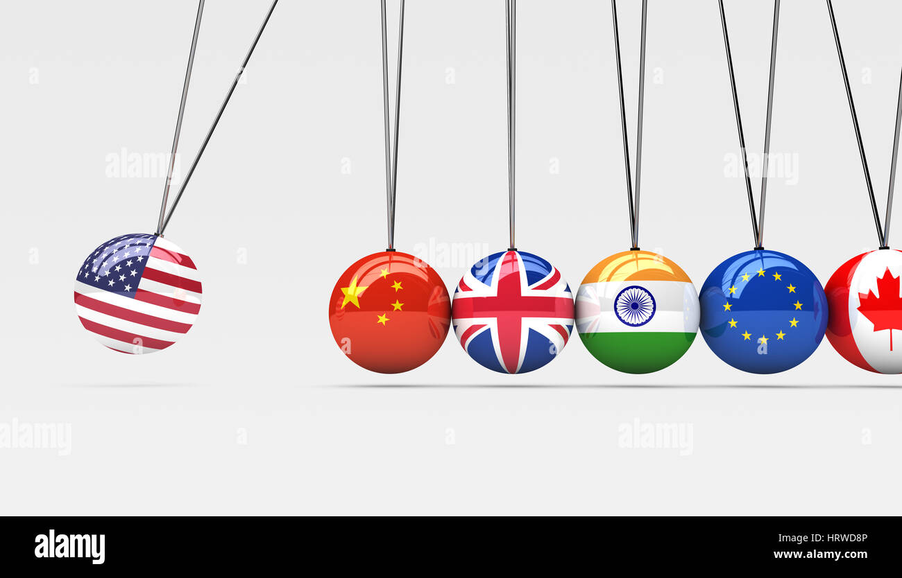 International countries relationships and global economy consequences concept with a cradle and flags on spheres 3d illustration. Stock Photo