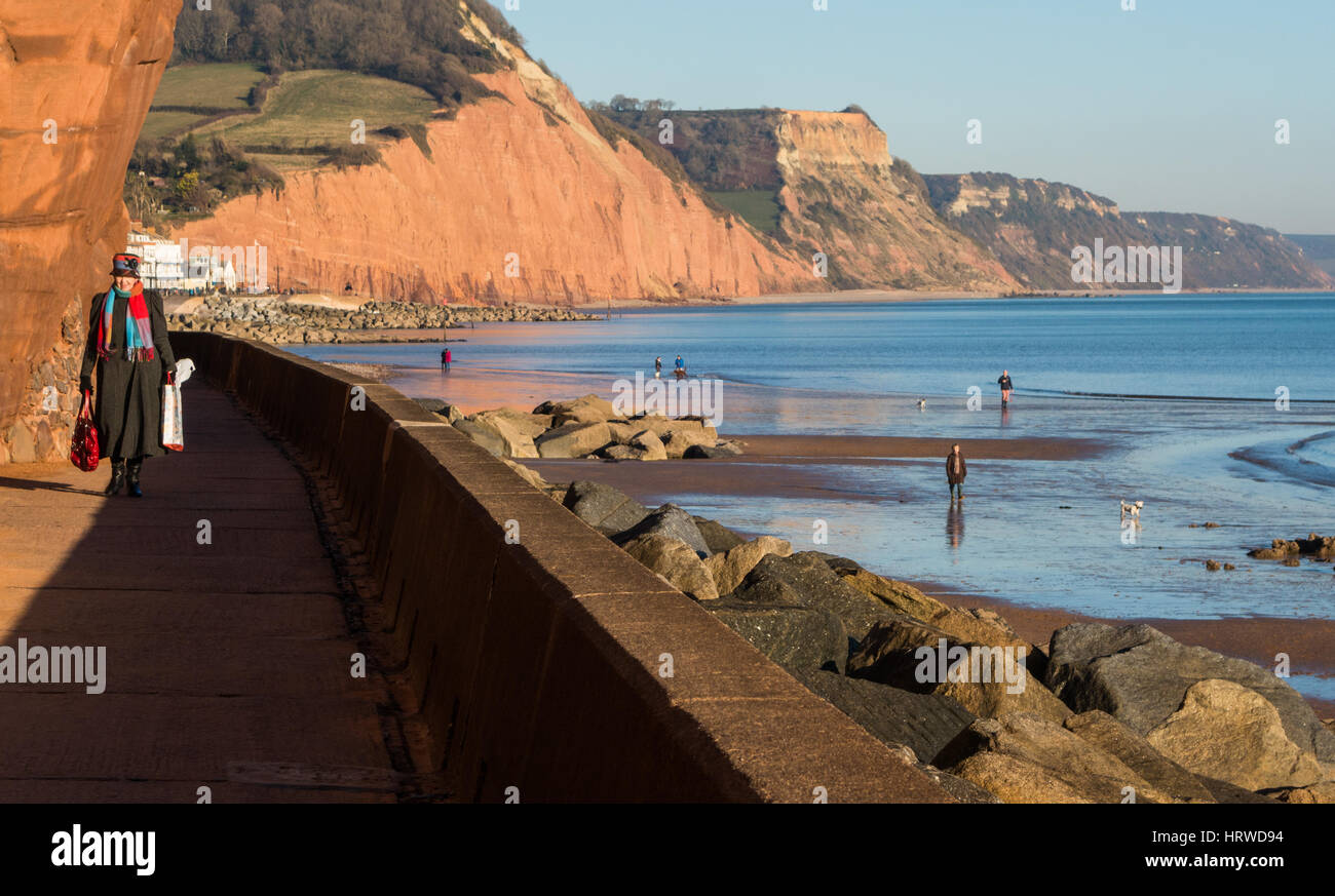 A female in the foreground carrying her shopping bags along the cliff walk at Sidmouth, Devon with the cliff coastline in the background. Stock Photo