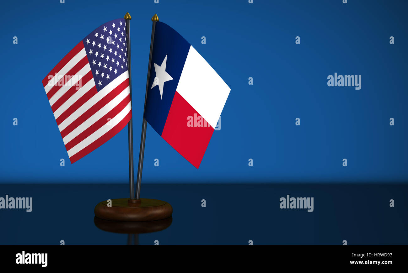 Texas State flag and USA desk flags on blue background. Stock Photo