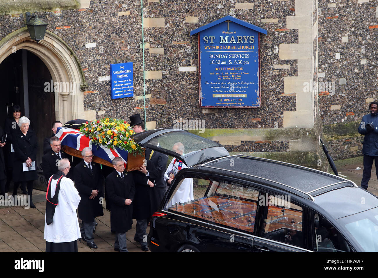 The funeral of ex-England manager Graham Taylor takes place at St. Mary's Church in Watford. Taylor managed Watford FC twice, famously during the time the club was owned by Elton John. He also managed Aston Villa and Wolves.  Featuring: Atmosphere Where: Stock Photo