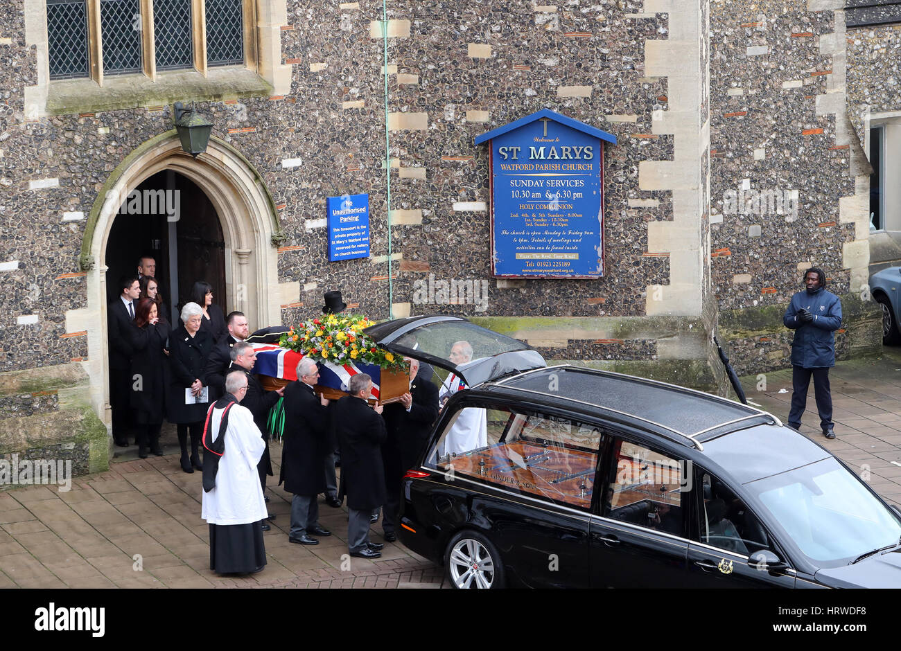 The funeral of ex-England manager Graham Taylor takes place at St. Mary's Church in Watford. Taylor managed Watford FC twice, famously during the time the club was owned by Elton John. He also managed Aston Villa and Wolves.  Featuring: Atmosphere Where: Stock Photo