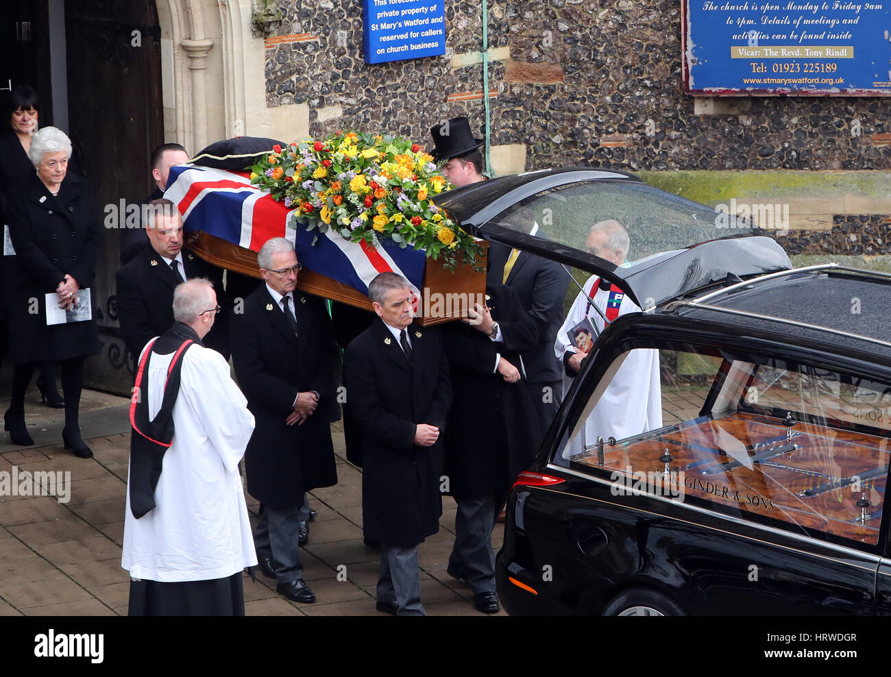 The funeral of ex-England manager Graham Taylor takes place at St. Mary's Church in Watford. Taylor managed Watford FC twice, famously during the time the club was owned by Elton John. He also managed Aston Villa and Wolves.  Featuring: Atmosphere Where: Stock Photo