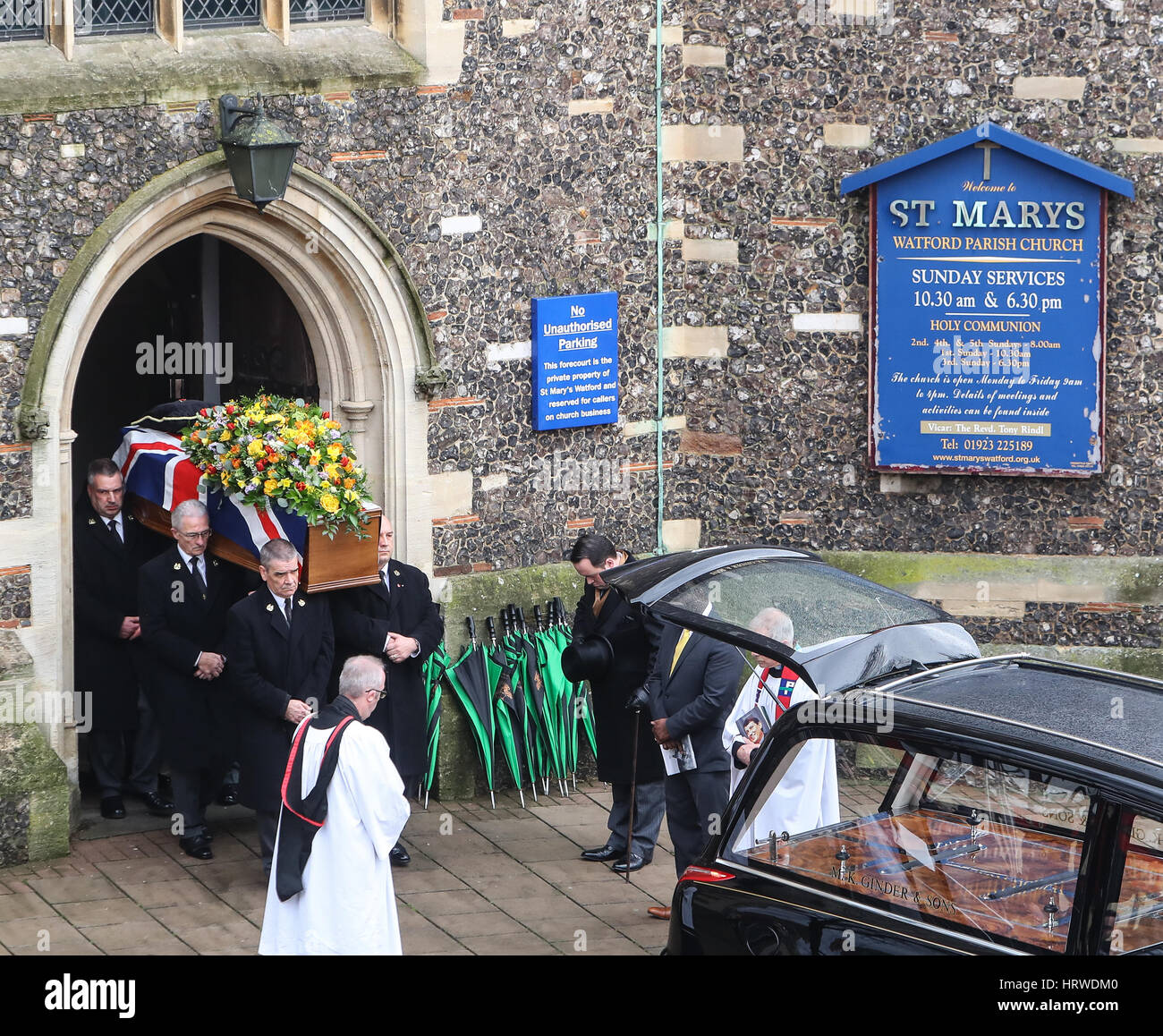 The funeral of ex-England manager Graham Taylor takes place at St. Mary's Church in Watford. Taylor managed Watford FC twice, famously during the time the club was owned by Elton John. He also managed Aston Villa and Wolves.  Featuring: Atmosphere Where: Stock Photo