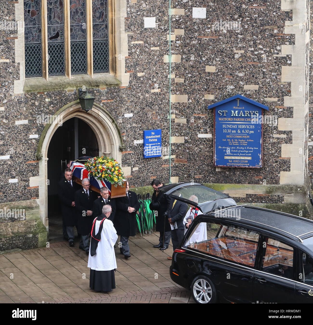 The funeral of ex-England manager Graham Taylor takes place at St. Mary's Church in Watford. Taylor managed Watford FC twice, famously during the time the club was owned by Elton John. He also managed Aston Villa and Wolves.  Featuring: Atmosphere Where: Stock Photo