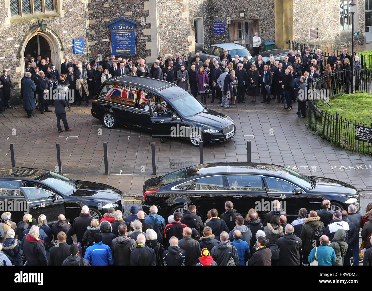 The funeral of ex-England manager Graham Taylor takes place at St. Mary's Church in Watford. Taylor managed Watford FC twice, famously during the time the club was owned by Elton John. He also managed Aston Villa and Wolves.  Featuring: Atmosphere Where: Stock Photo