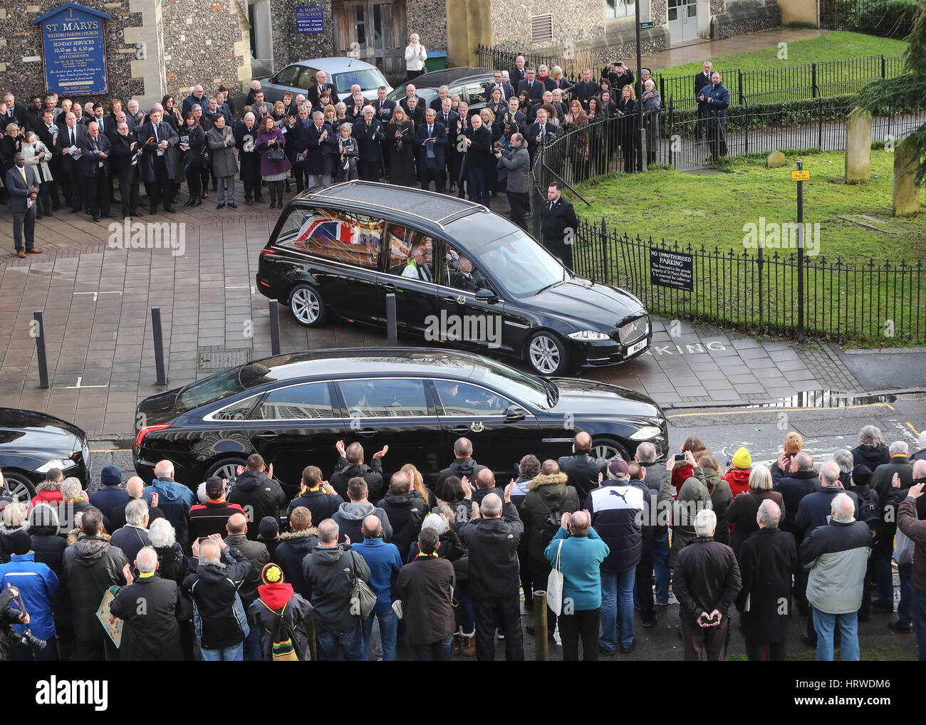 The funeral of ex-England manager Graham Taylor takes place at St. Mary's Church in Watford. Taylor managed Watford FC twice, famously during the time the club was owned by Elton John. He also managed Aston Villa and Wolves.  Featuring: Atmosphere Where: Stock Photo