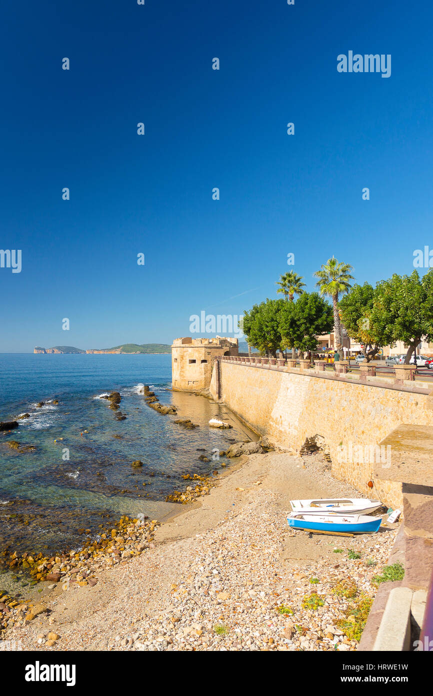 View of Capo Caccia from the promenade along the city walls of Alghero, Sassari, Sardinia, Italy Stock Photo