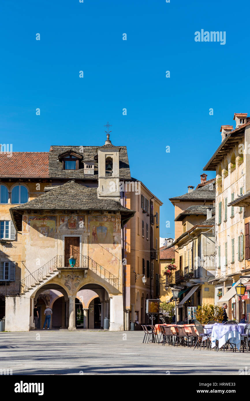 View Motta square and Broletto palace at Orta San Giulio village, Lake Orta, Novara, Piedmont, Italy Europe Stock Photo