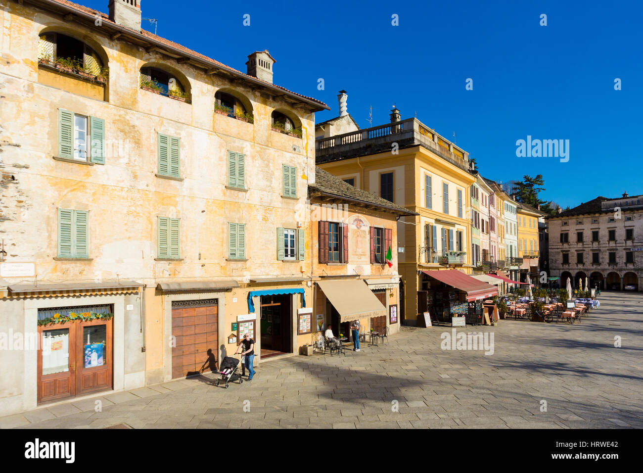 View Motta square at Orta San Giulio village, Lake Orta, Novara, Piedmont, Italy Europe Stock Photo