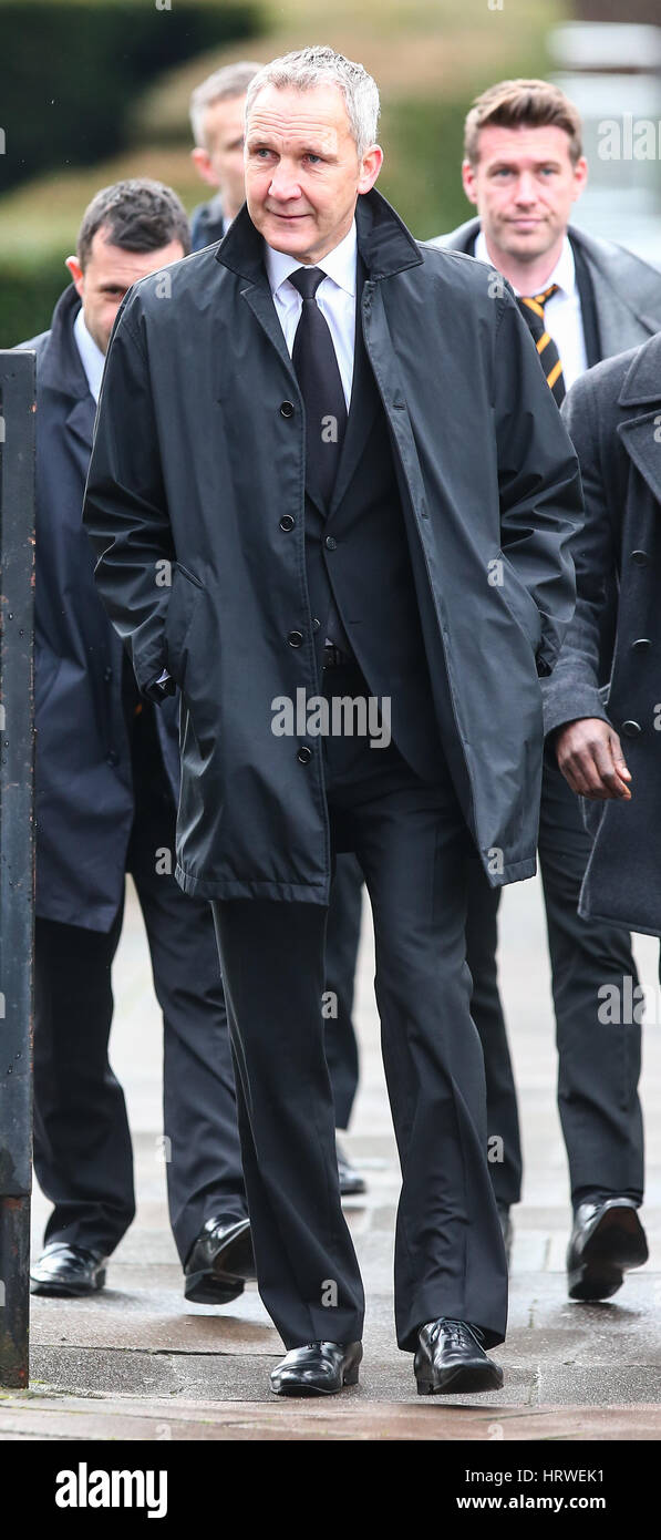 The funeral of ex-England manager Graham Taylor takes place at St. Mary's Church in Watford. Taylor managed Watford FC twice, famously during the time the club was owned by Elton John. He also managed Aston Villa and Wolves.  Featuring: Keith Millen Where Stock Photo