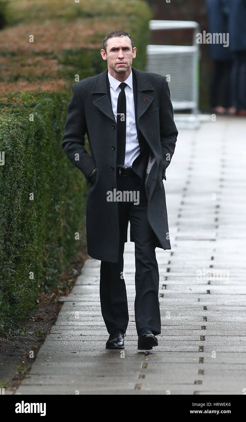 The funeral of ex-England manager Graham Taylor takes place at St. Mary's Church in Watford. Taylor managed Watford FC twice, famously during the time the club was owned by Elton John. He also managed Aston Villa and Wolves.  Featuring: Martin Keown Where Stock Photo