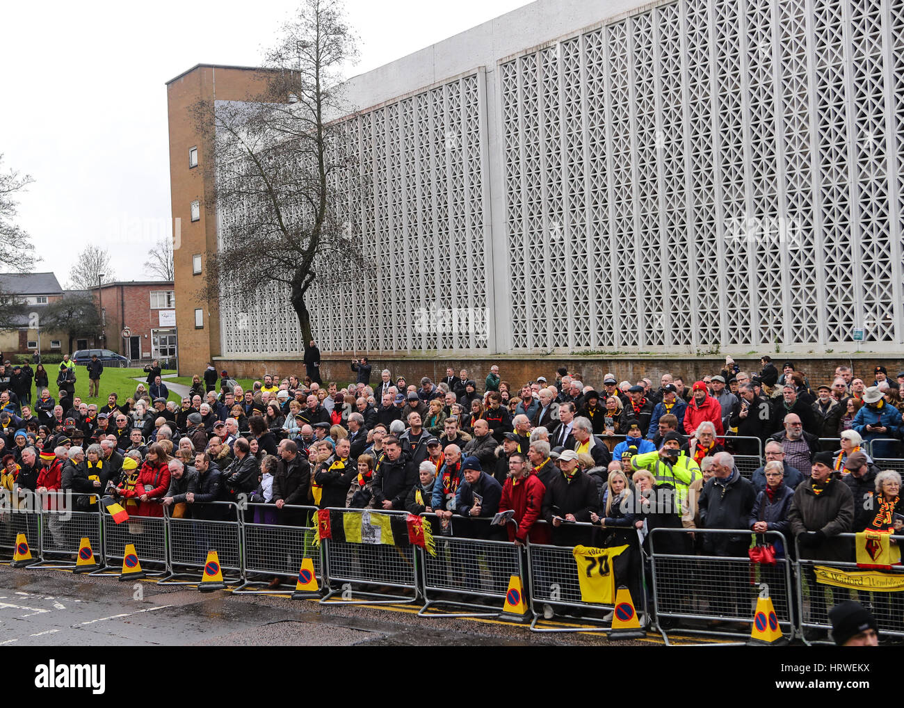 The funeral of ex-England manager Graham Taylor takes place at St. Mary's Church in Watford. Taylor managed Watford FC twice, famously during the time the club was owned by Elton John. He also managed Aston Villa and Wolves.  Featuring: Atmosphere Where: Stock Photo