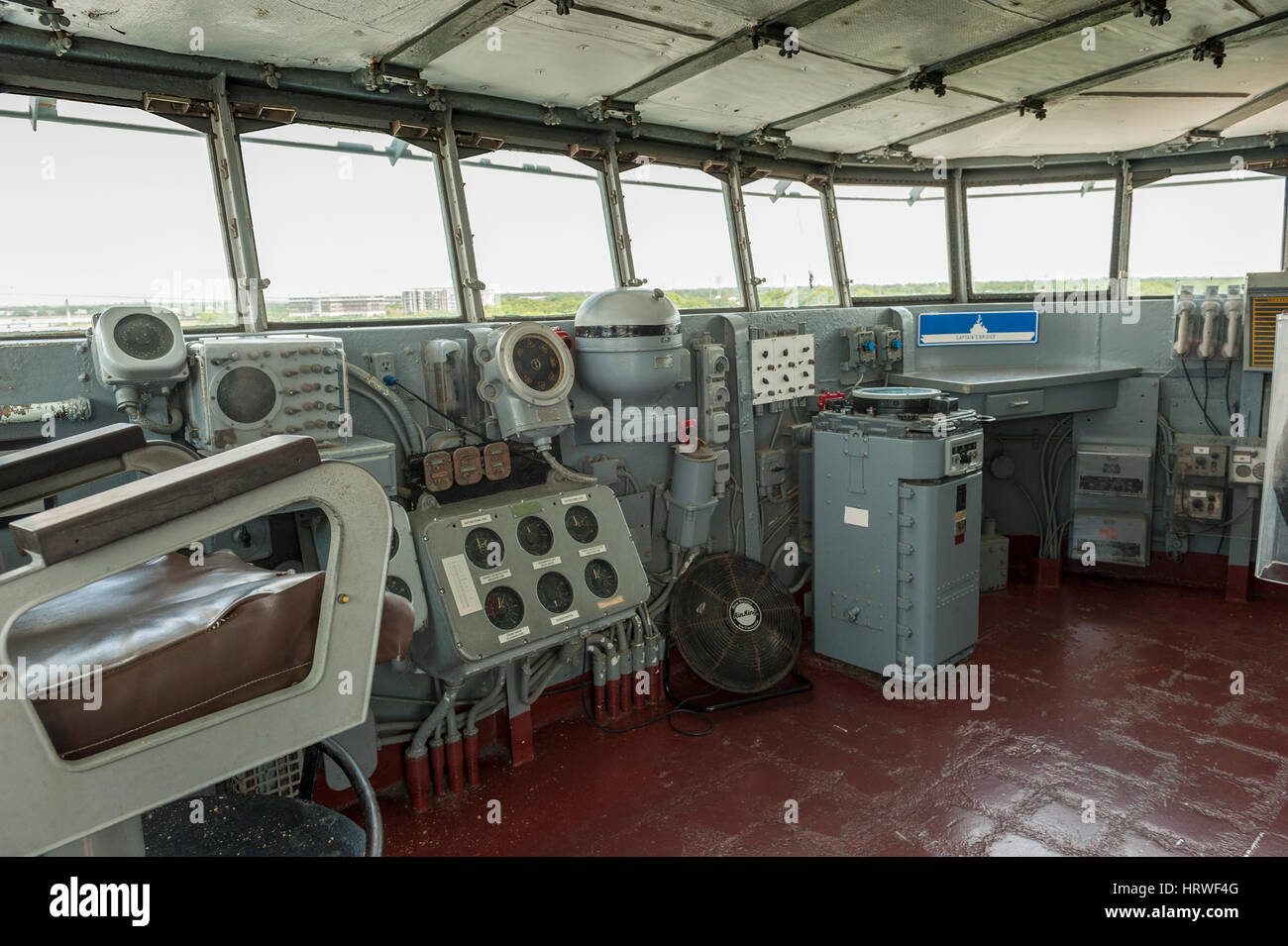 Inside view of the captain's bridge / command bridge of the USS Yorktown aircraft carrier at Patriot Point Naval Museum in Charleston, South Carolina, Stock Photo