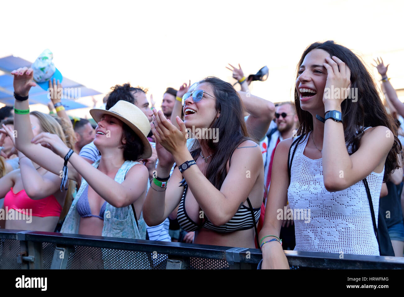BARCELONA - JUN 20: People in a concert at Sonar Festival on June 20, 2015 in Barcelona, Spain. Stock Photo