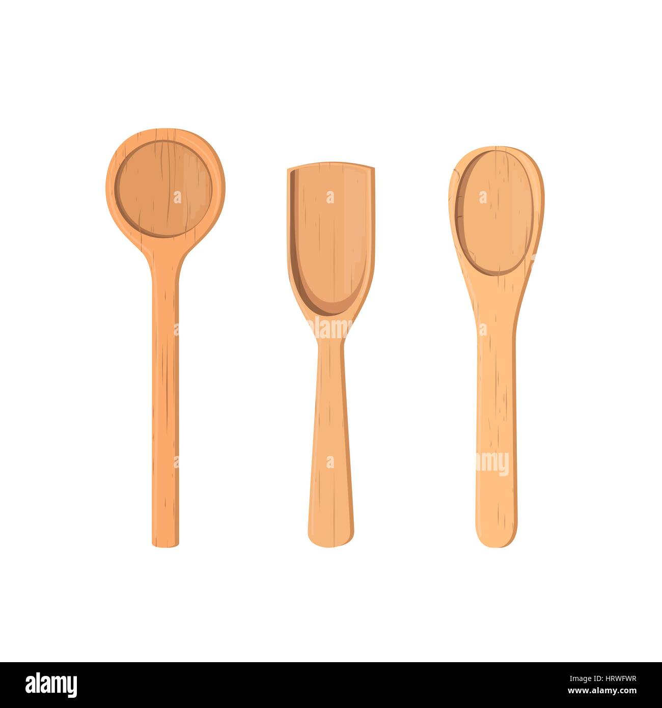 Wooden spoons Collection. Kitchenware set on white background. Stock Vector