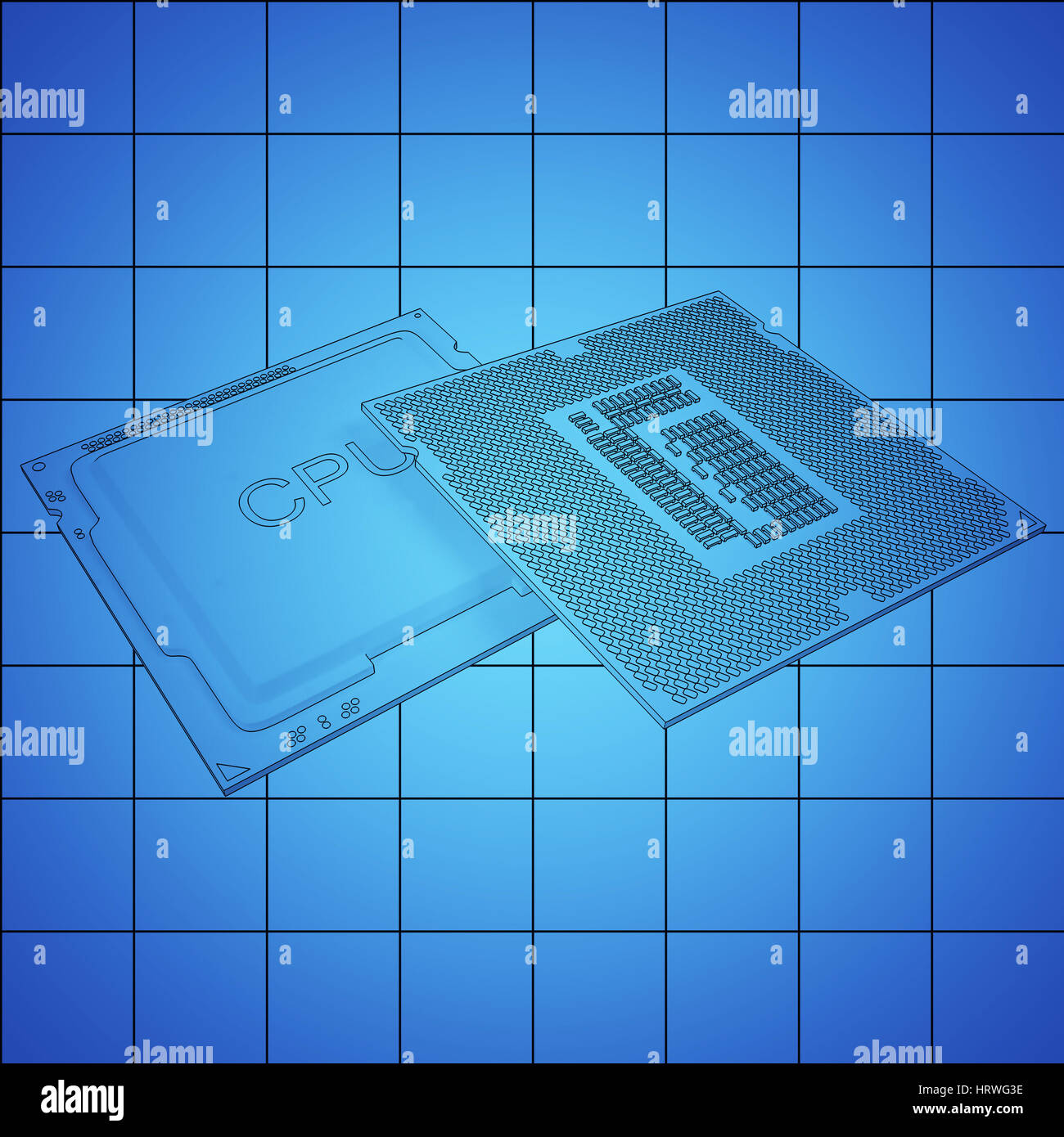 Engineer working on blue print, concept Processor Unit CPU. 3d ...