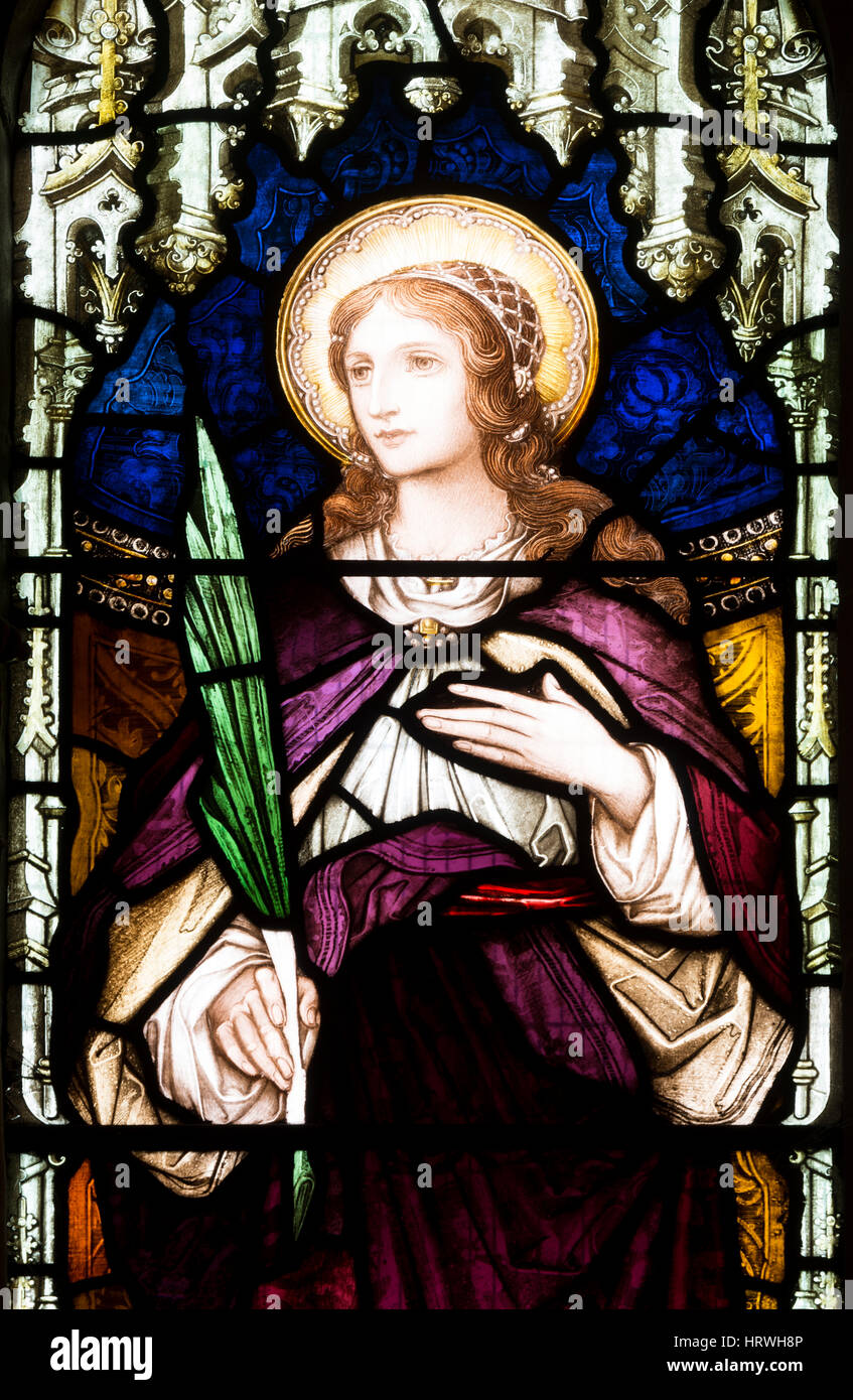 Saint Faith stained glass, St. Nicholas Church, Alcester, Warwickshire, England, UK Stock Photo