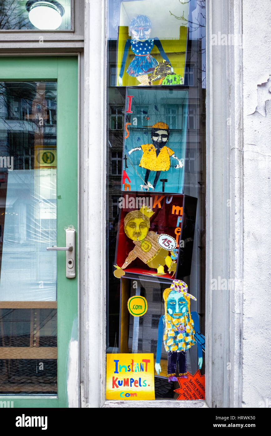 Berlin, Prenzlauer Berg Shop window display. The Instant Kumpels are