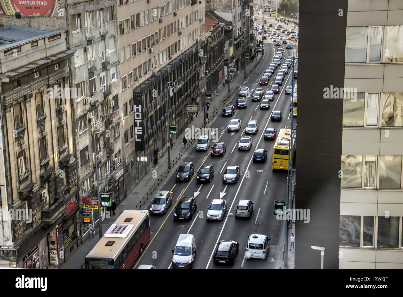 Belgrade, Serbia - A high angle view of heavy traffic in Brankova Street Stock Photo