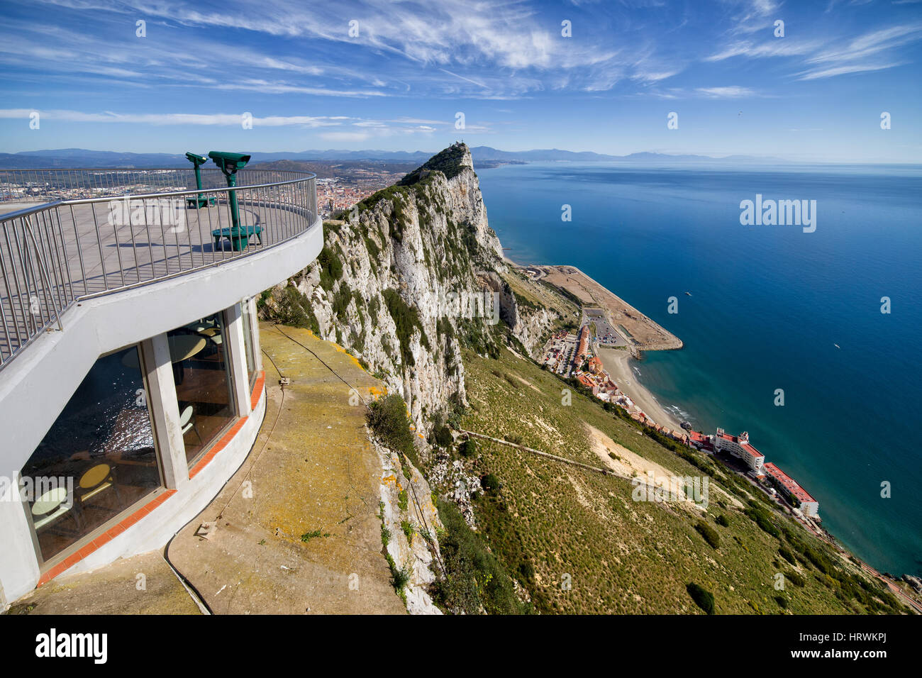 Rock of Gibraltar at Mediterranean Sea, viewpoint observation deck on the left Stock Photo