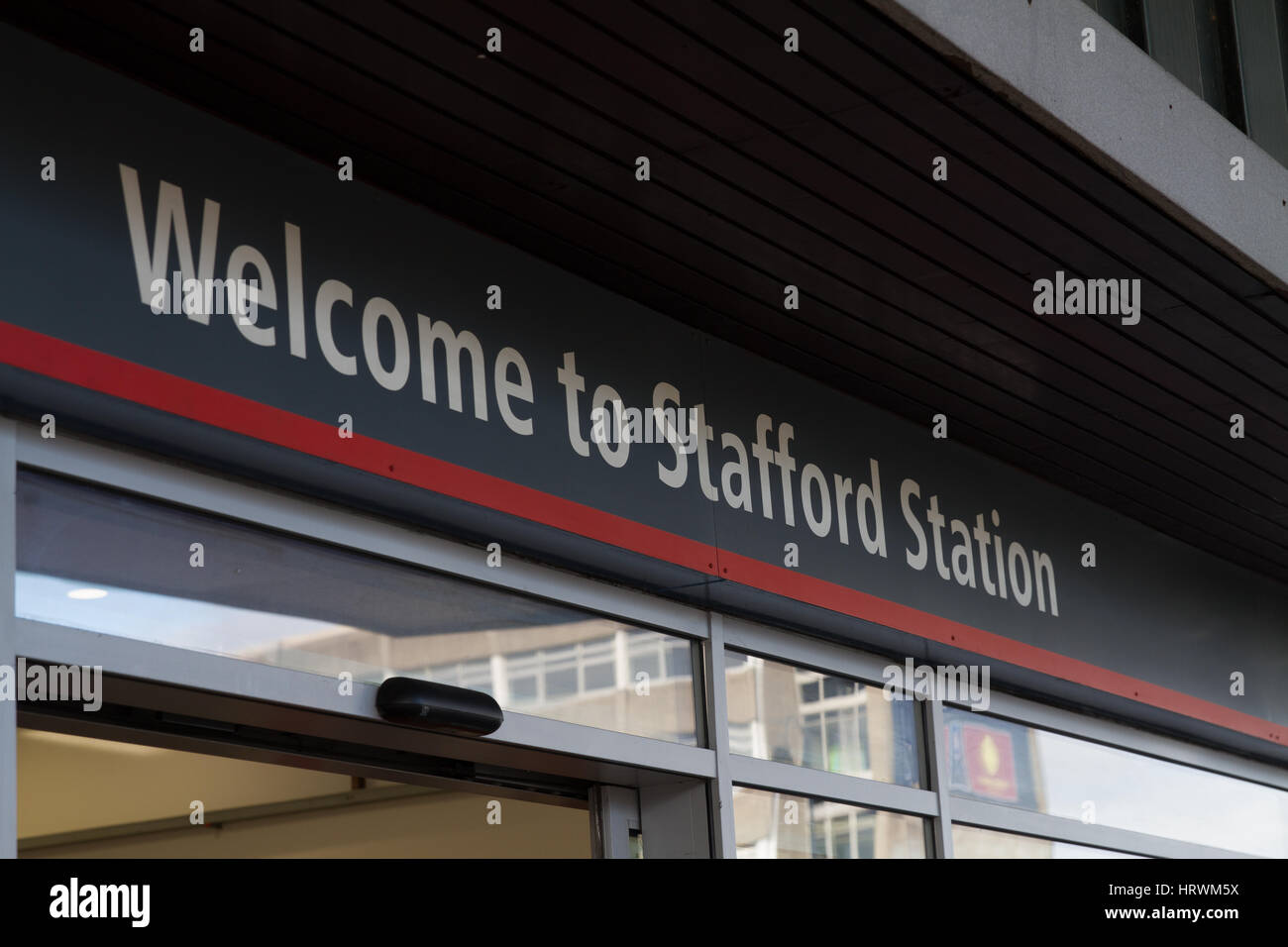 Stafford Station Railway Station Train Station entrance welcome sign Stock Photo