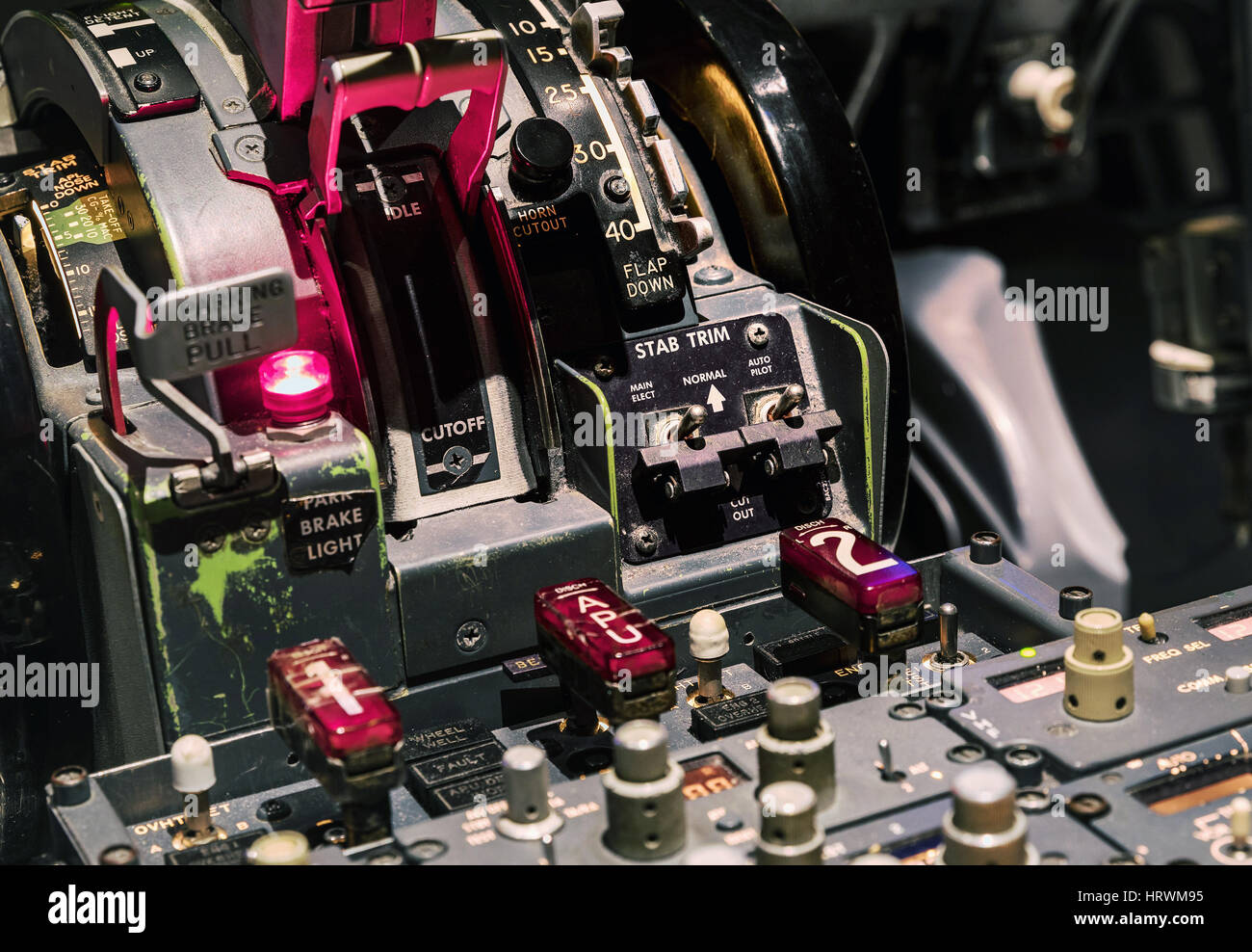 Engine lever in the cockpit of an airliner Stock Photo Alamy
