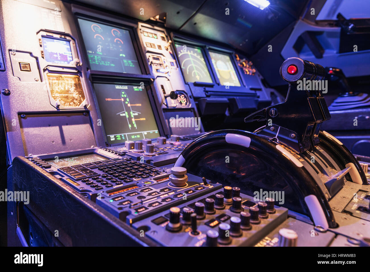 Engine lever in the cockpit of an airliner. Center console and