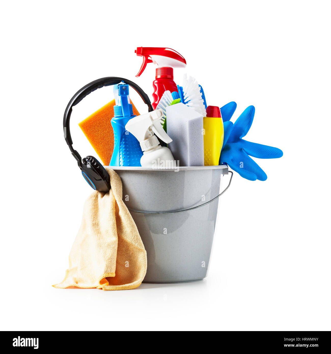 Bucket with cleaning supplies and music headphone isolated on white background. Single object with clipping path Stock Photo