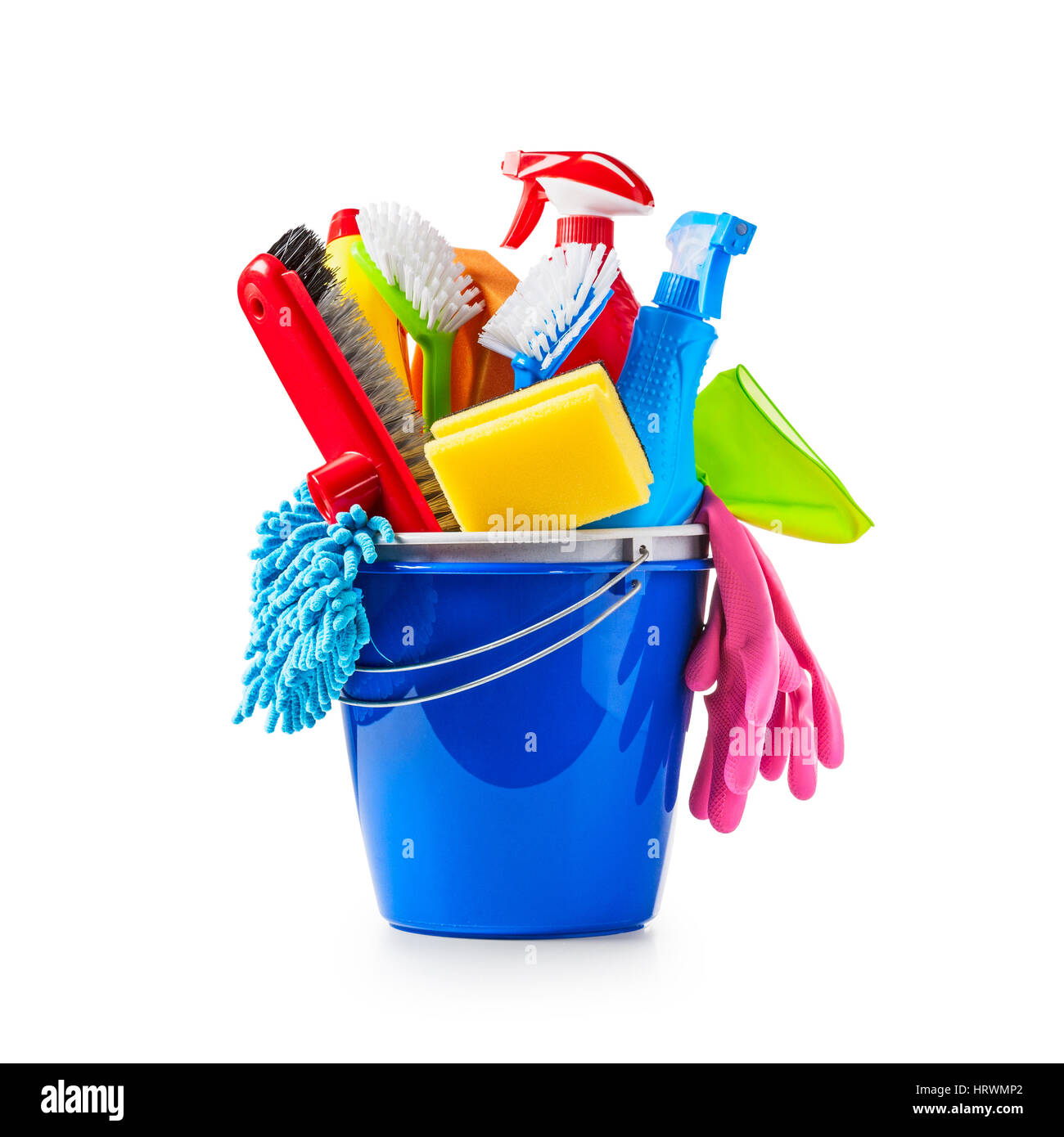 Blue bucket with cleaning supplies isolated on white background. Single object with clipping path Stock Photo