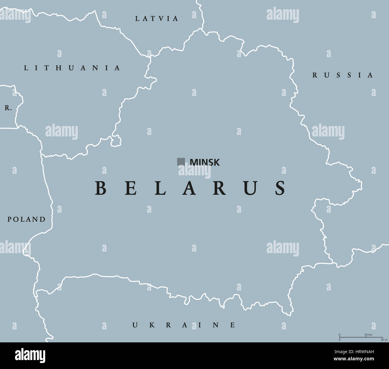 Belarus political map with capital Minsk, national borders and neighbors. Formerly known as Byelorussia. Republic in Eastern Europe. Stock Photo