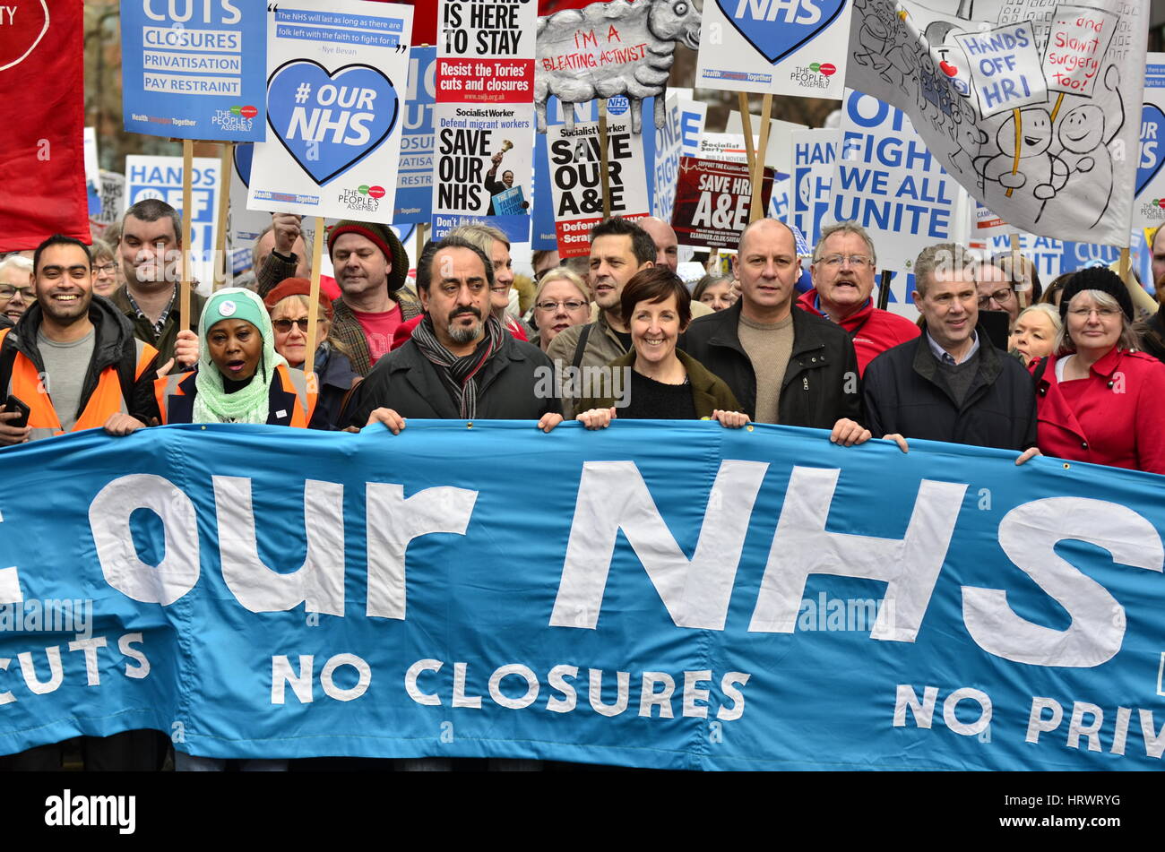 London 4th March. Julie Hesmondhalgh (centre) at the Our NHS march, organised by The People's Assembly, marches from Tavistock Square to Parliament Square, to campaign against cuts and privatisation in the National Health Service Credit: PjrNews Stock Photo