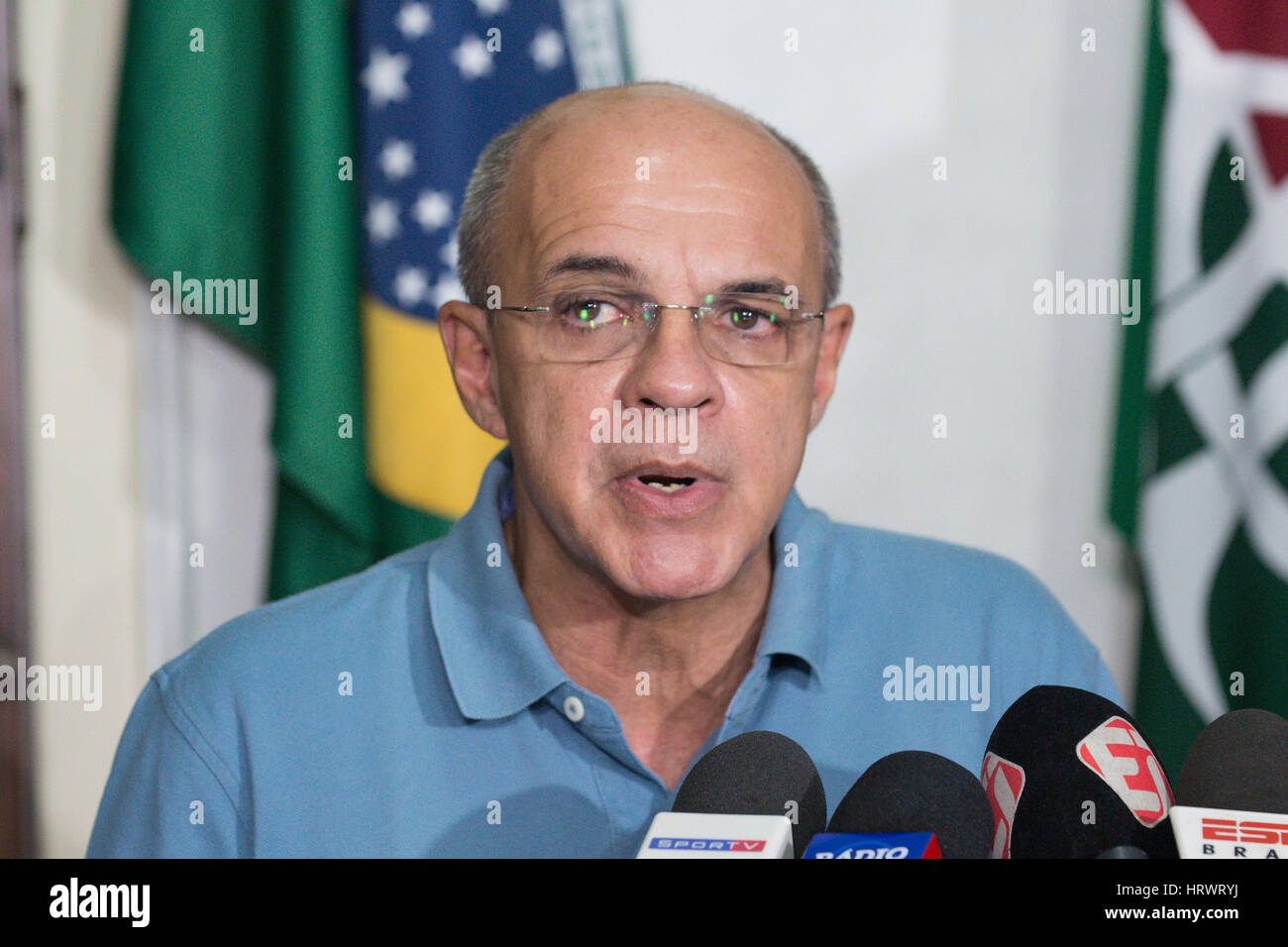 Rio De Janeiro, Brazil. 04th Mar, 2017. President of the Flemish Eduardo Bandeira de Melo for Collective Fluminense Press and Flamengo held at the Fluminense Football Club to talk about what is being done to ensure the safety of the classic on Sunday (5) what happens in Nilton Santos (Engenhão) stadium in Rio de Janeiro, Brazil. Credit: Celso Pupo/FotoArena/Alamy Live News Stock Photo