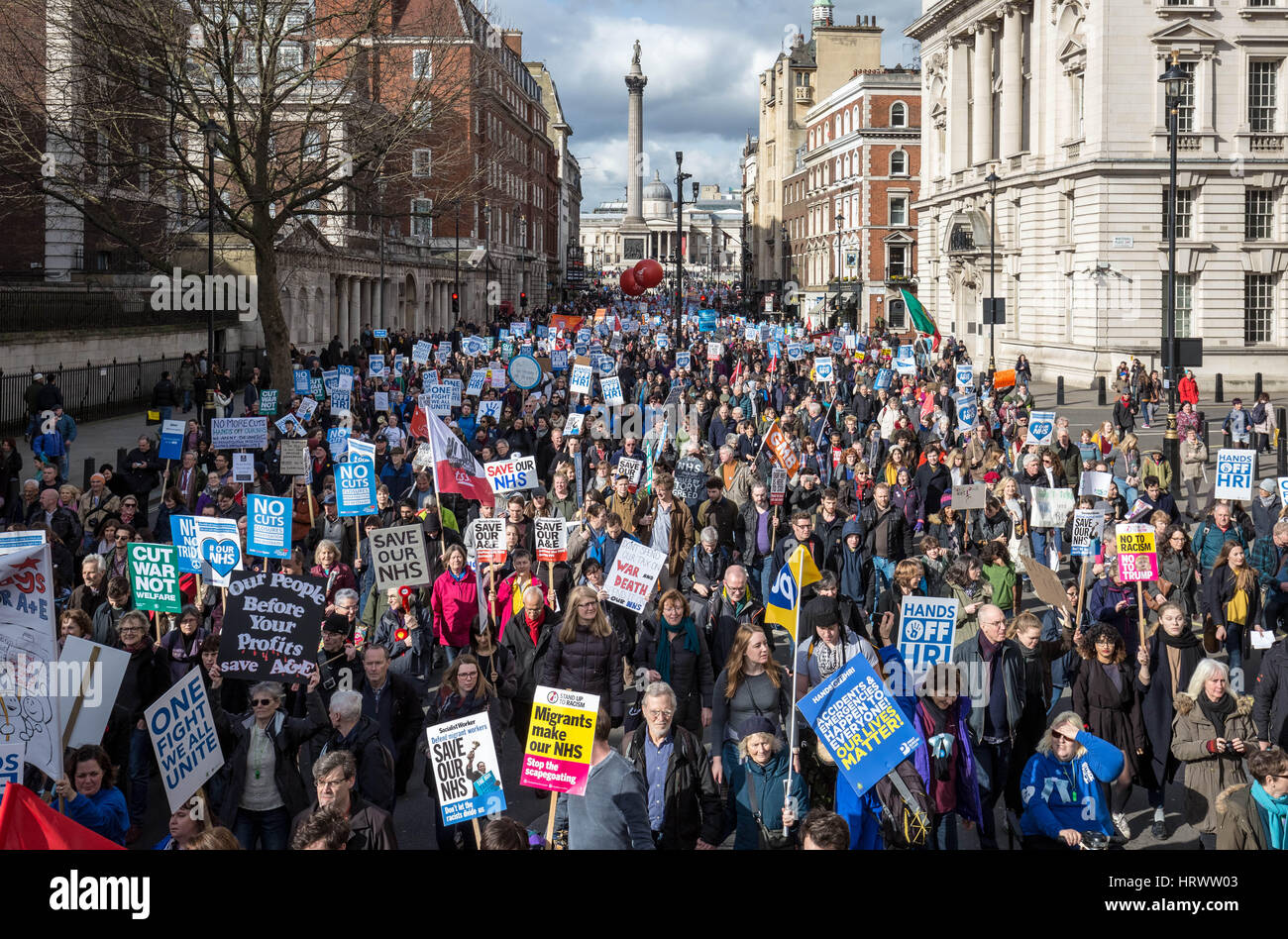 London, UK. 4th March, 2017. Thousands march through central London for the National Demonstration to Defend the NHS © Guy Corbishley/Alamy Live News Stock Photo