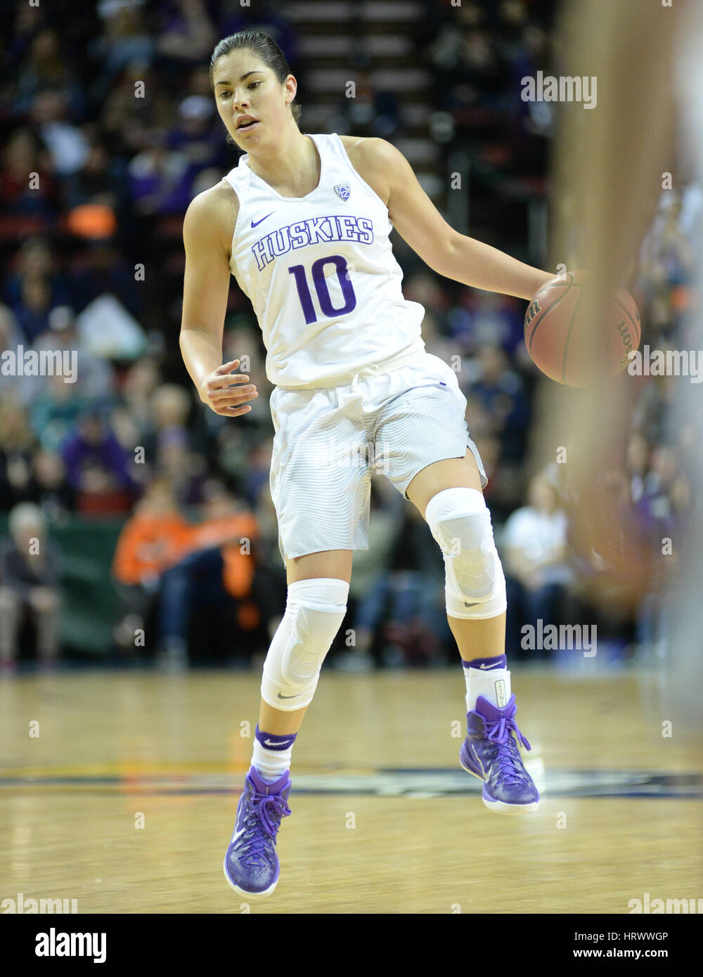 March 3, 2017: UW point guard Kelsey Plum (10) in action during a PAC12 women's tournament game between the Washington Huskies and the Oregon Ducks. The game was played at Key Arena in Seattle, WA. Jeff Halstead / CSM Stock Photo